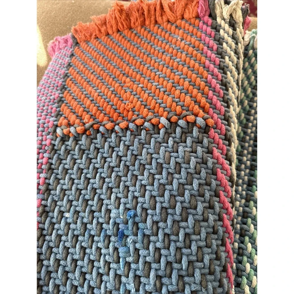 Anthropologie Bon Stripes Table Runner Woven Tufted Blue Woven Rope 16x 90
